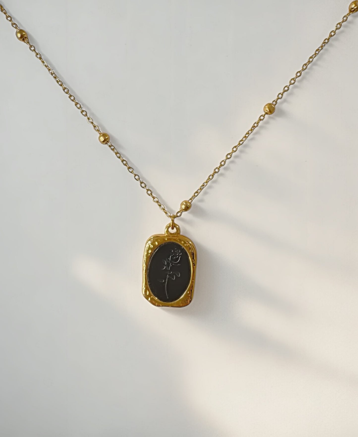 Rose Etched Black Enamel Vintage Rose Pendant Necklace