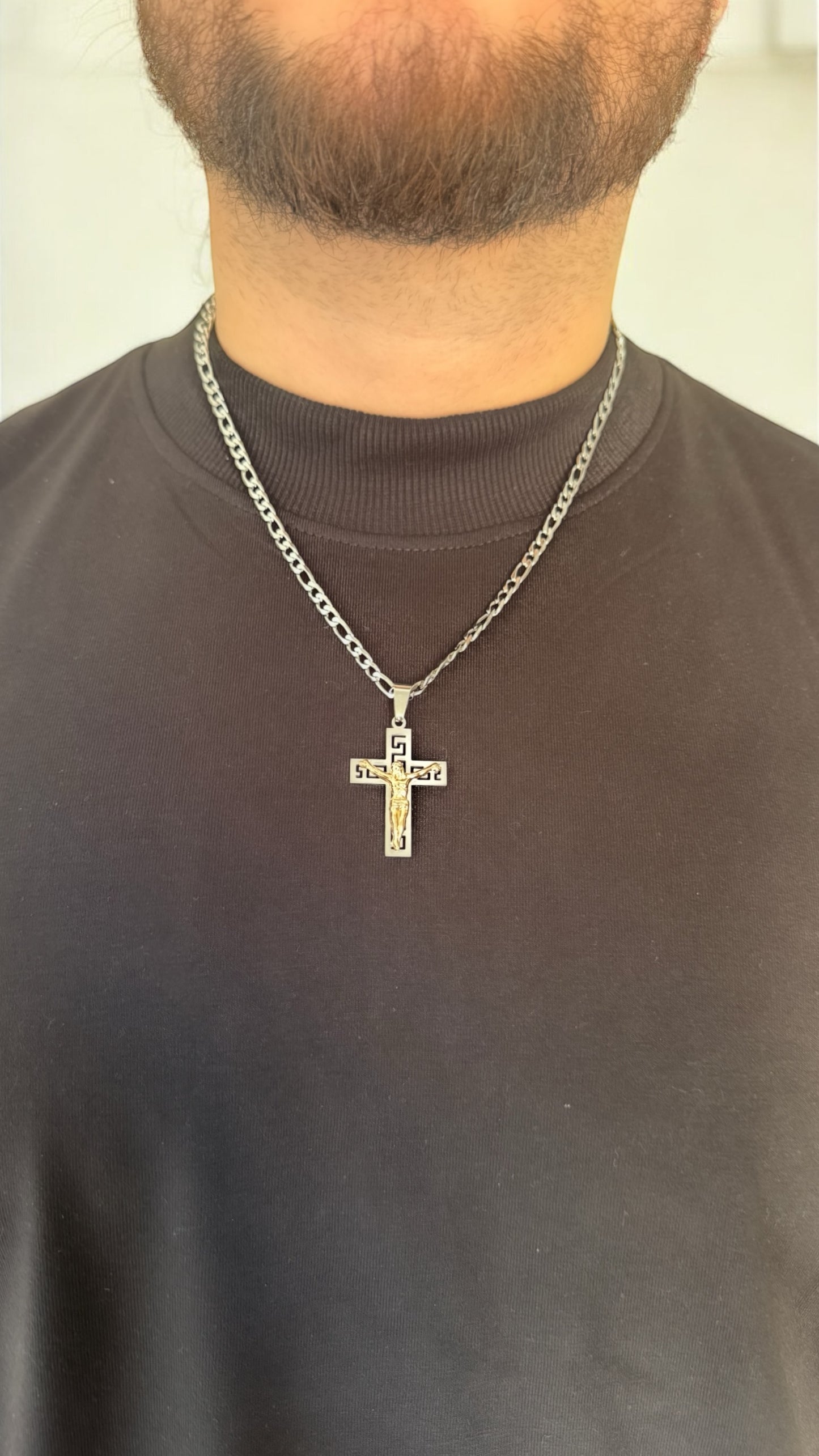 Stainless Steel Figaro Chain Cross Pendant Necklace